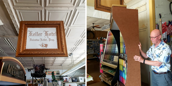 Left photo is a sign that reads Keller Hotel. Right photo is a man pushing a case displaying paint swatches out of the way of a hidden door.