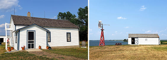 Left image is a white house with blue trim and has a staircase up the side of the house. There are flower pots along the house. Right image is of a white building with blue trim and a red windmill. A lake can be seen in the background.