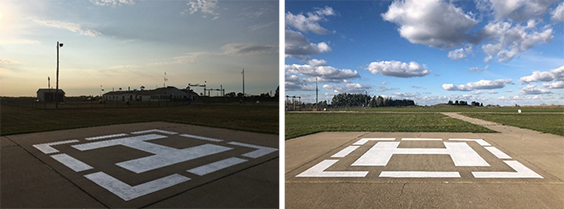 night and day shots of a helicopter pad with a large white H on cement with dashed lines around it in a square