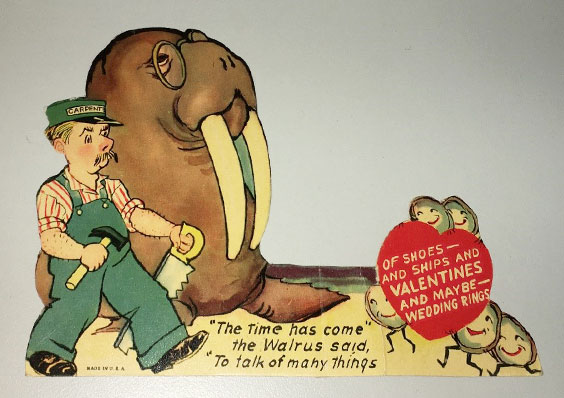 Vintage Valentine's Day card with a handyman and a walrus on the front