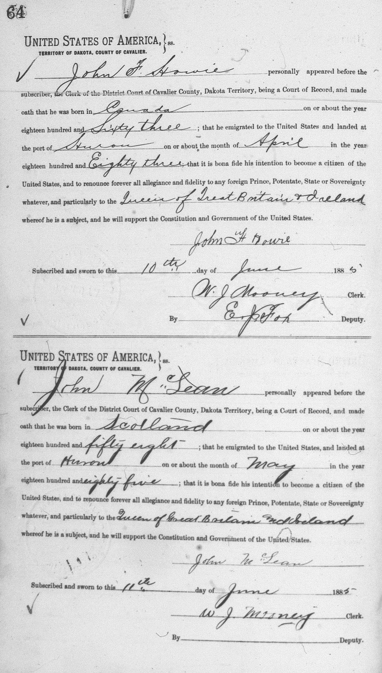 Naturalization record from Cavalier County, 1885.