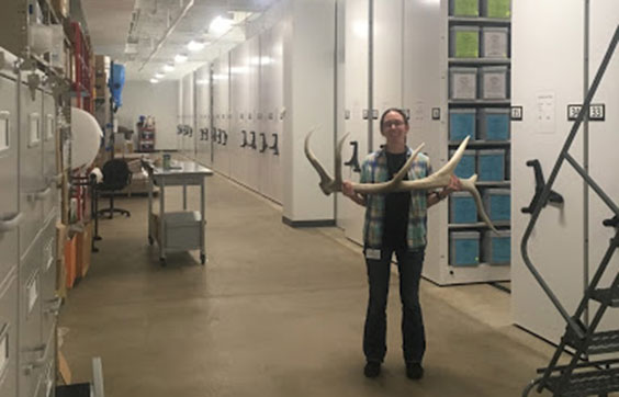 A woman holding an elk antler