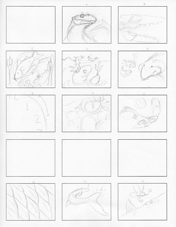 A storyboard with 15 boxes and sketches in 11 of them. The sketches go through a mososaur story.