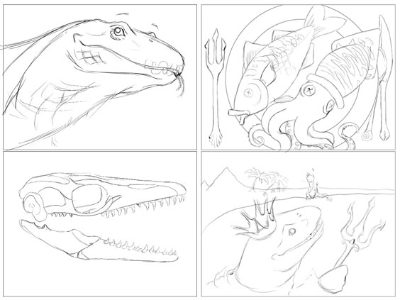 Storyboard of four sketches. The first is the head of a lizard looking creature. The second is a plate with a fish and squid on it. Silverware sit around the plate. The third is the skull of a mososaur. The forth is a mososaur wearing a crown and holding a trident while he he peeks out of the water with some mountains and palm trees in the background.
