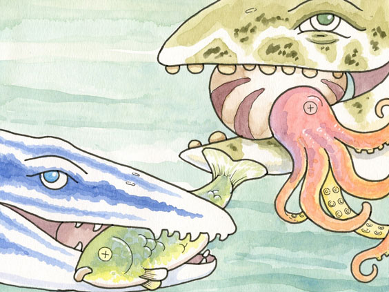 Painting of an underwater scene where a blue and white creature is eating a green colored fish and a green and white creature is eating a pink and tan squid. Only the heads of the creatures are shown.
