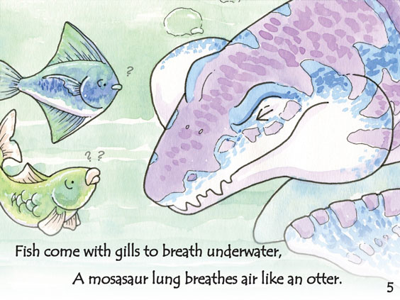 Painting of an underwater scene where a green fish and a blue fish are looking at a large purple and blue creature with puffed out cheeks. Text on the painitng reads Fish come with gills to breath underwater, A mosasaur lung breathes air like an otter.