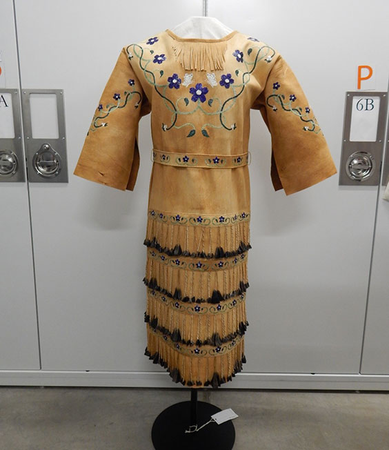 A tan dress with blue flowers and green vines on the chest into shoulders and arms. There are strips of flowers and vines along the lower portion of the dress with deer toes hanging down to make the dress jingle.