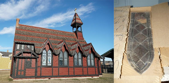 The left image is of a red church with dark colored trim. The roof alternates between the dark color and red. There are four sets of double windows. The first is stained glass but is too small to see what the image is. The right image shows an old version of the stained glass window before it was restored.