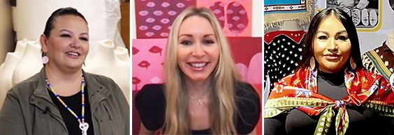 Headshots of three women. The one on the left is Native American and is wearing a black shirt with green jacket over it and a necklace and earrings. Her hair is pulled back. The middle one is white with long, blonde hair. She is wearing a black shirt, and there are pink and red color blocks behind her. The one on the right is Native American and has her hair down behind her shoulders. She is wearing a black shirt with a red shawl around her shoulders and earrings.