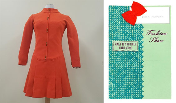The left image is an orange dress with long sleeves and buttons down the front and on the cuffs. The image on the right is a card with teal on the left and light green on the right, separated by a zigzag pattern. The left side reads Make it yourself with wool, and the right side reads Fashion Show. There is also a red bow at the top holding on a white piece of paper with the name Linda Harmsen on it.