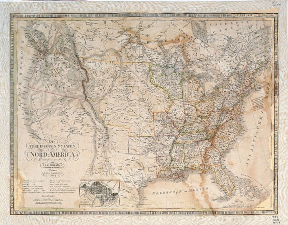A very old, tan map of the United States.