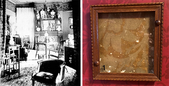 The left photo is a black and white view of a parlor with many chairs and little tables, a piano and bench, chandelier, and a shelving system with mirror on the far side.