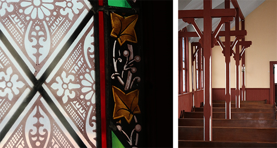 The left image is a silk-screened leaded glass wondow with a floral pattern and a brownish-red background. The image to the right snows wodden pillars that look like crosses.