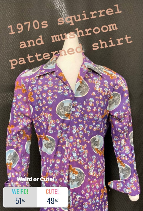 1970s squirrel and mushroom patterned shirt. Weird or Cute? 51% Weird. 49% Cute. The image is of a button up shirt with long sleeves and a collar that is purple with red and blue mushroms and circles with squirrel images in them.