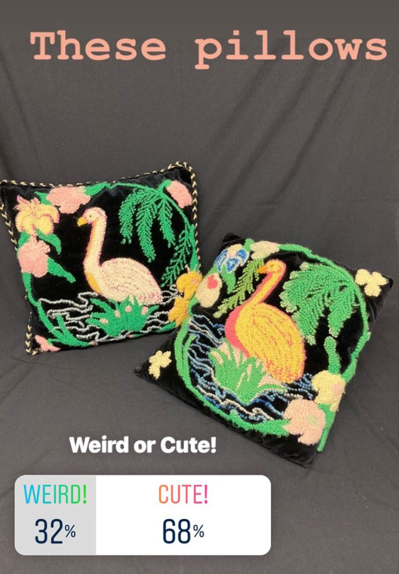 These pillows - Weird or Cute? 32% Weird. 68% Cute. The two pilloes have a flamingo on them with yellow and pink flowers and green plants in a circle around the flamingo.