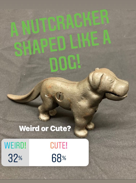 A nutcracker shaped like a dog! Weird or cute? 32% weird. 68% cute. The nutcracker is brown and shaped like a dog.