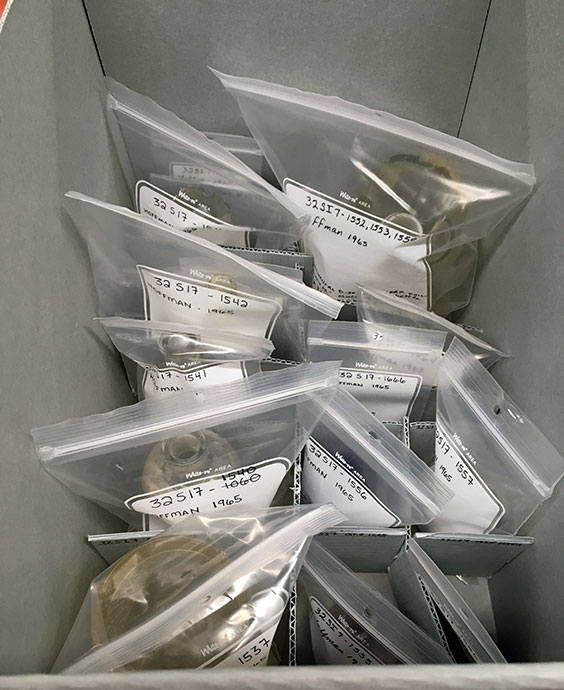 The inside of a gray box is shown with many ziplock bags containing glass bottles