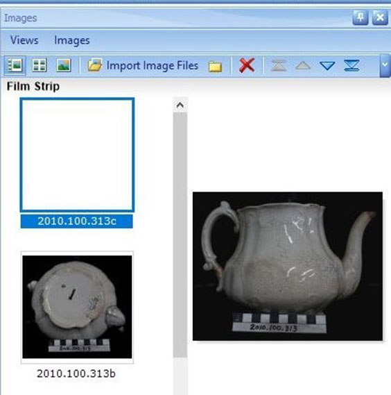 A file viewer with blue menus, small  boxes where image thumbnails would be displayed down the side, and an area to the right display a larger image. The larger image that is displayed is a white teapot.