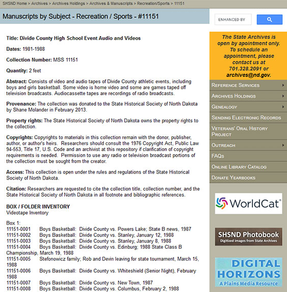 A website listing information for Manuscripts by Subject - Recreation / Sports - #11151