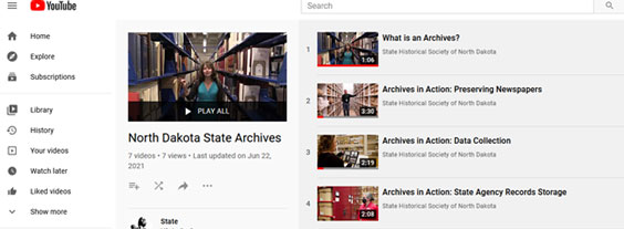 Screenshot of YouTube Playlist called North Dakota State Archives