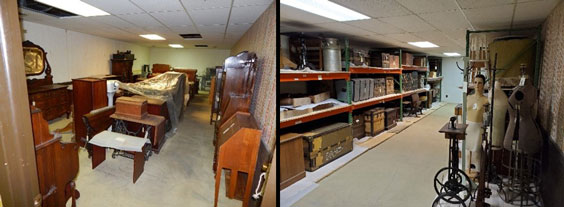 The left image shows a room filled with desks and other wooden objects. The right image shows the room cleaned out and organized with shelves and trunks and other items neatly placed on the shelves