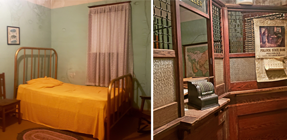 Left photo is room with a bed covered in yellow sheets, light blue walls, and purple covering the window. There is also a picture hanging on the wall and a multicolored rug on the floor.
