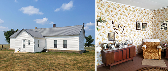 Left image is of a one story white house with gray roof. Right photo is of a room with yellow floral wallpaper, photos hanging on the wall, red and yellow chair in the corner, and a cherry wooden table along the wall with pictures on it. There is also a rosary hanging on the wall.