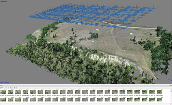 A 3D model of a piece of land with trees around it down the banks can be seen with blue squares with pins in them on a platform hovering above the land model