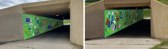 A walking tunnel under road can be seen from two different views showing the murals on each wall. The murals have a green background with many North Dakota-related elements.