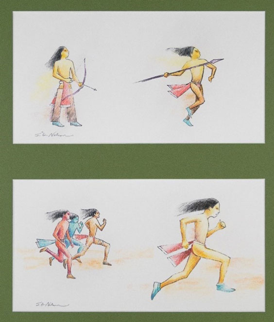 The top painting shows a Native American man holding a bow and arrow and another running with a spear. The bottom painting shows a group of three Native American men (one with red skin, one with blue skin, and the other with tan/yellow skin) are shown in running poses, and another man more in the foreground is also shown running.
