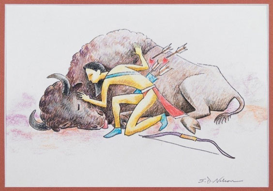 In this paining, a native american man is shown comforting a dead bison with multiple arrows in it