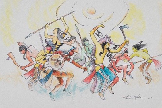 This illustration shows Lakota and Cheyenne warriors celebrating after a battle. They are holding spears, axes, and shields.