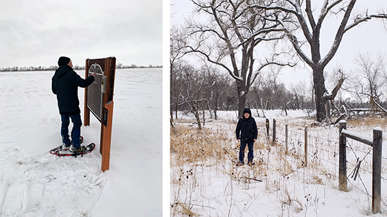 The images show a man dressed in all black winter gear and snowshoes. In the left image he is reading a sign. In the right image he is standing next to a barbed wire fence with trees 