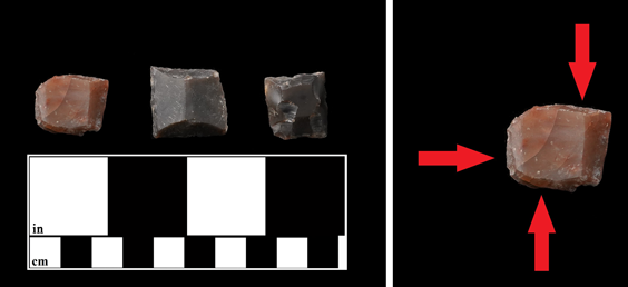 The left image shows three gunflints that look like rock cubes. The right image shows a closeup of one with red arrows pointing to three of the sides..