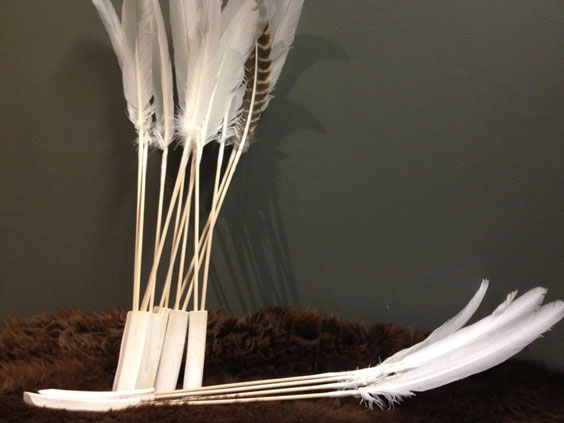 A few ice gliders are sitting upright  on a brown shag rg while a coupld lay on the floor. The are all white/offwhite with multiple long feathers at the top that are stuck into a curved, rectangular white/offwhite piece at the bottom.