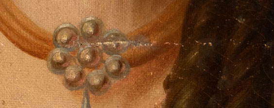 A close-up of the neck portion of a portrait painting showing a tear in the canvas. 