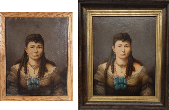 Before and after pictures of a painting of a woman. The left painting is darker and more dull witha  light wood frame. The right painting is brighter and has a very dark frame lined with a gold color around the painting.