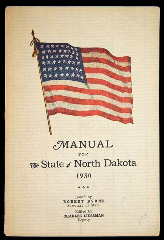 A tan book cover with an American flag on it titled Manual for the State of North Dakota 1930