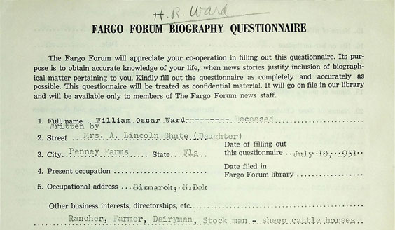 Fargo Forum Biography Questionnaire for William Oscar Ward