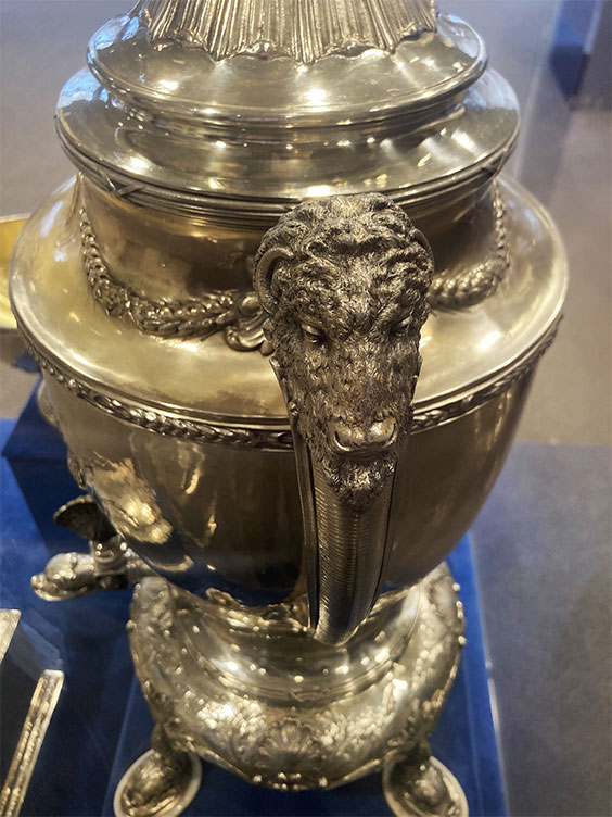 USS North Dakota Silver Service coffee urn with a bison head on the handle