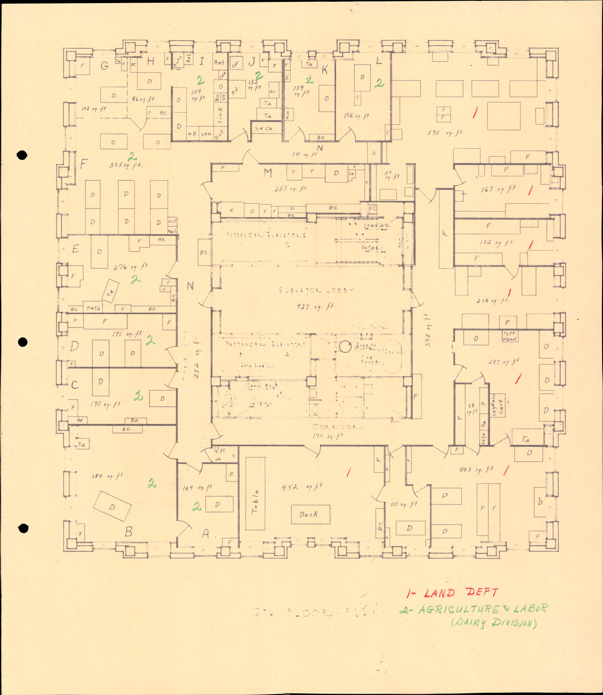 a yellowed piece of paper with  an office floor plan on it