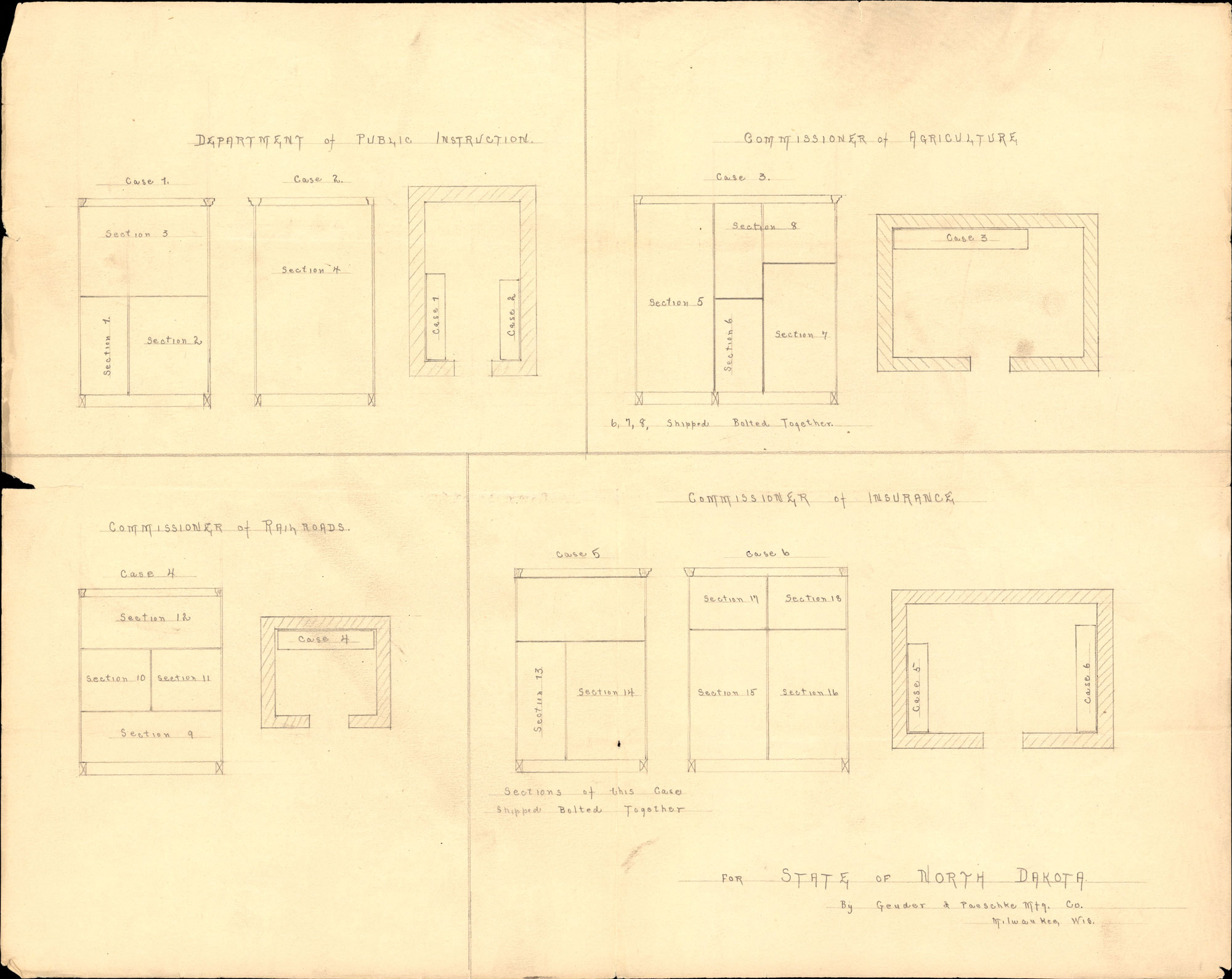 a yellowed piece of paper with office drawings for Department of Public Instruction and Commissioners of Railroads, Agriculture, and Insurance