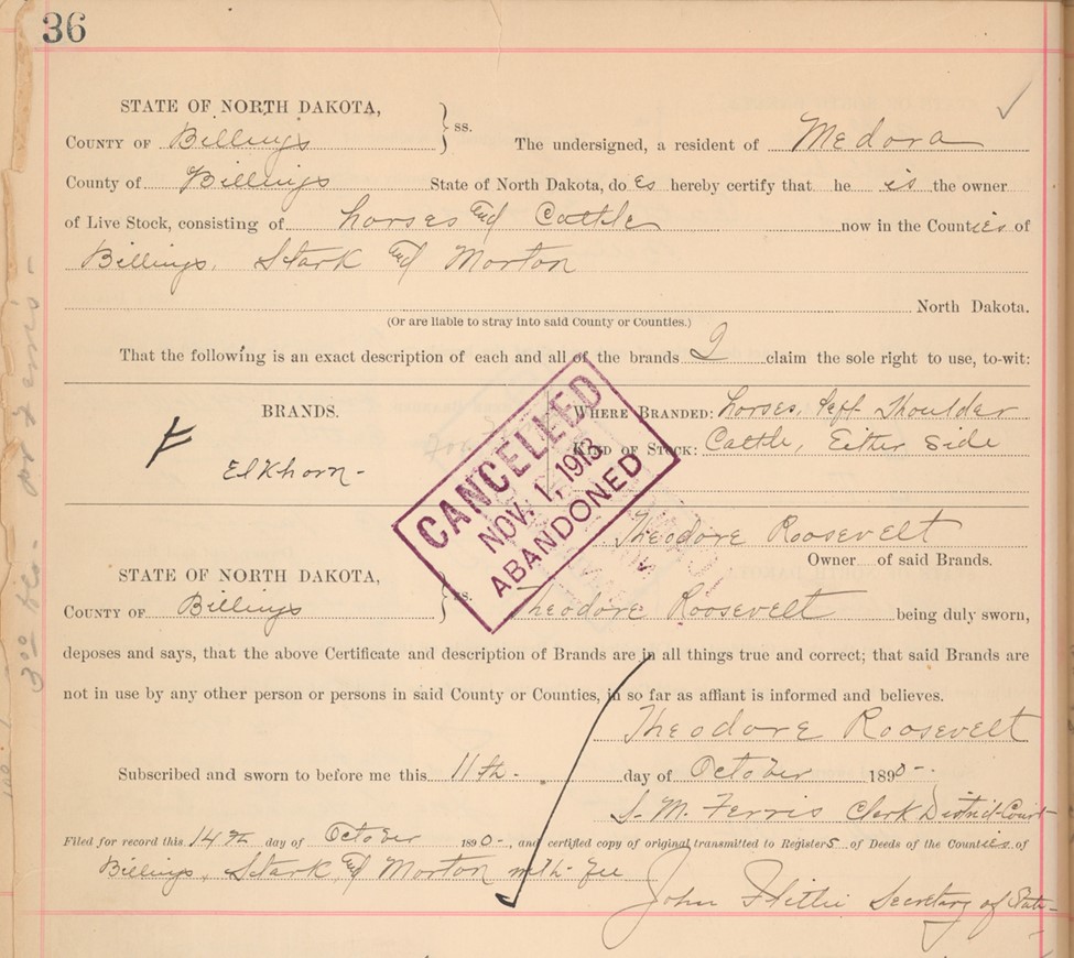 Theodore Roosevelt's Elkhorn brand registration with a stamp on it that reads Cancelled Nov. 1, 1913 Abandoned