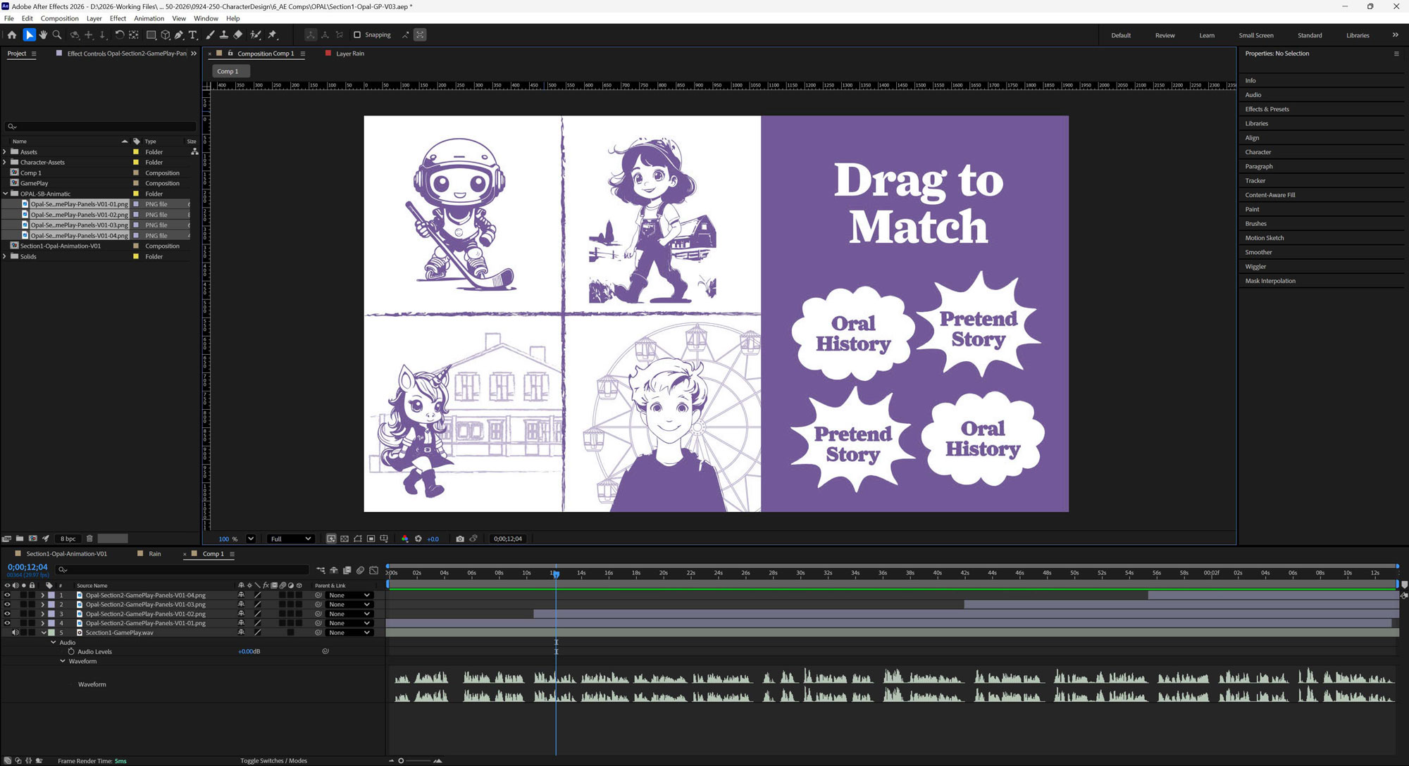 A screen from the Opal the Oral Historian animation storyboard in video editing software.