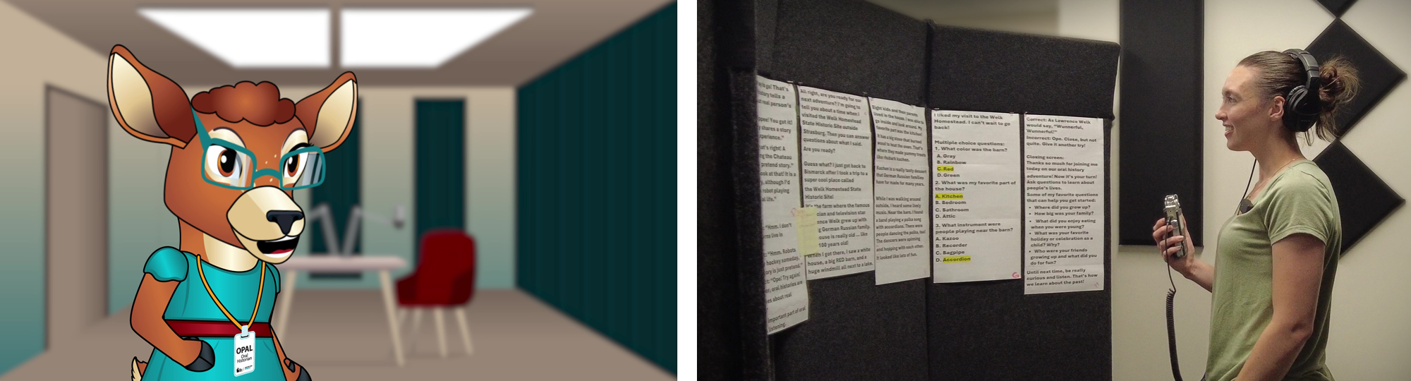 The left side shows a vector deer with a teal dress and teal graphic. The right side shows a woman with long, dark hair and a green t-shirt holding an audio record with headphones on who is looking at a wall with many pages of text on it.