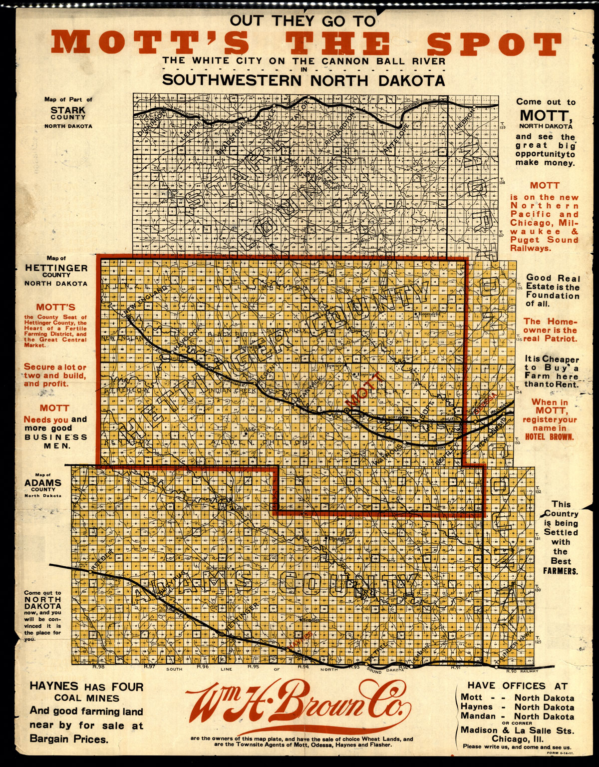 An advertisement for Mott's the Spot with maps of part of Stark County, Hettinger County, and Adams County.