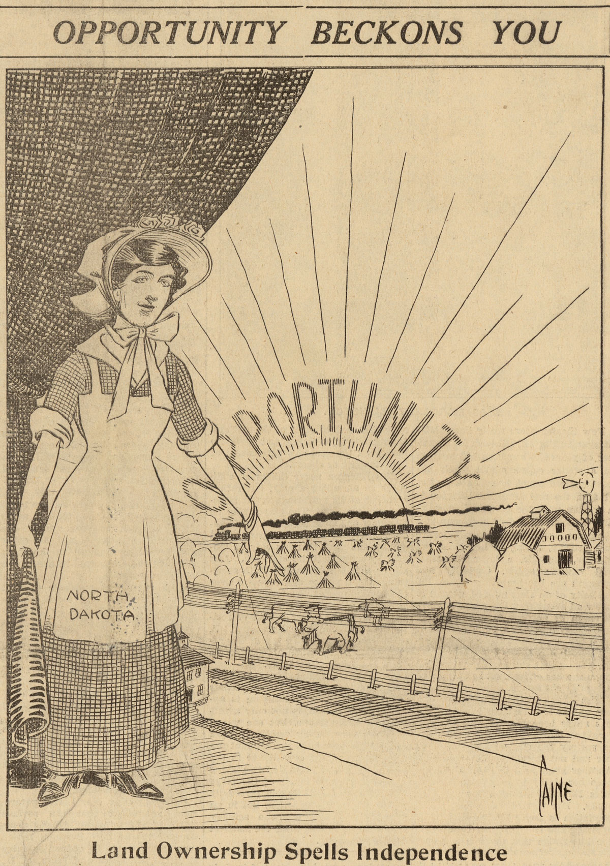 An advertisement that reads Opportunity Beckons You - Land Ownership Spells Independence.