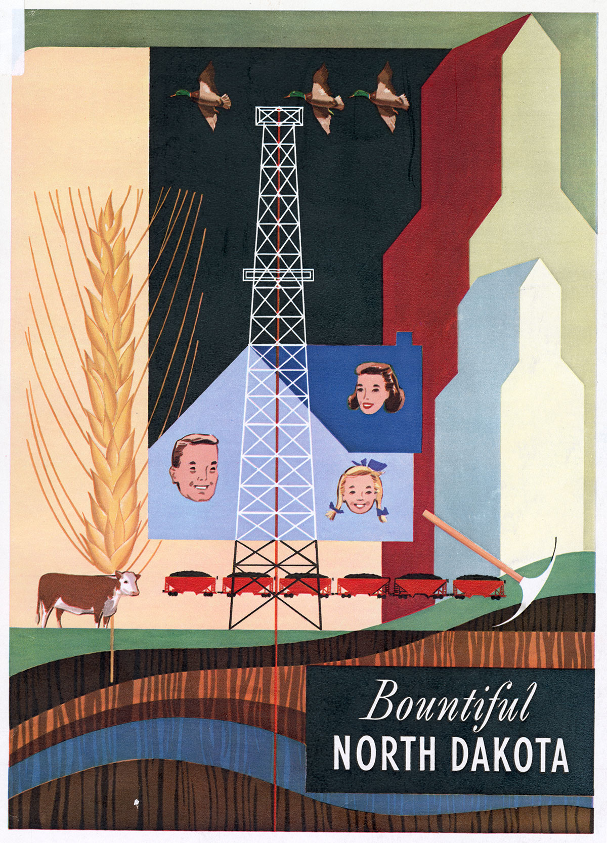 An advertisement for Bountiful North Dakota with ducks, elevators, wheat, coal cars, pick axe, cow, and a house with a man, woman, and young girl's heads on it. 