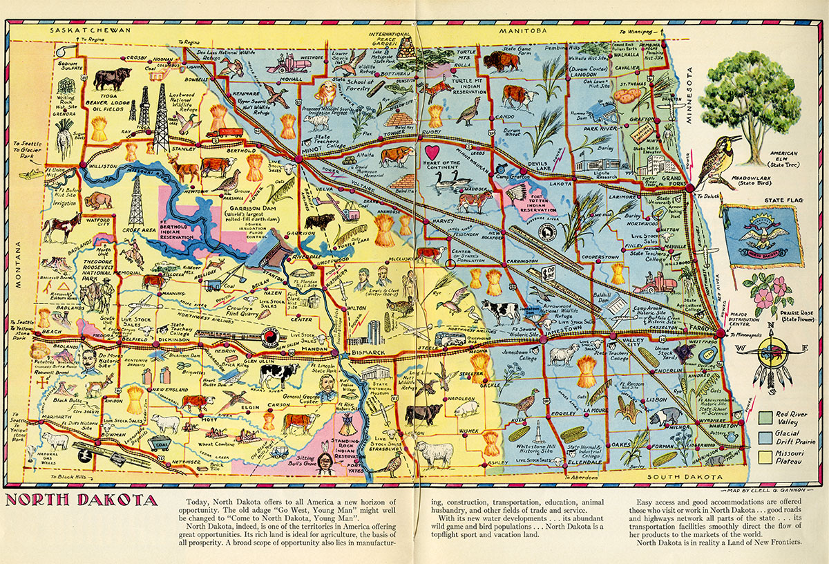 A map of North Dakota with many items, including wheat, cows, potatoes, corn, pheasant, and many more, illustrated across the map.
