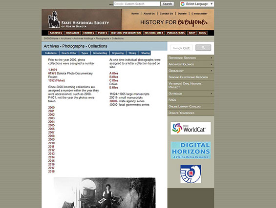 Archives photo collections page on history.nd.gov